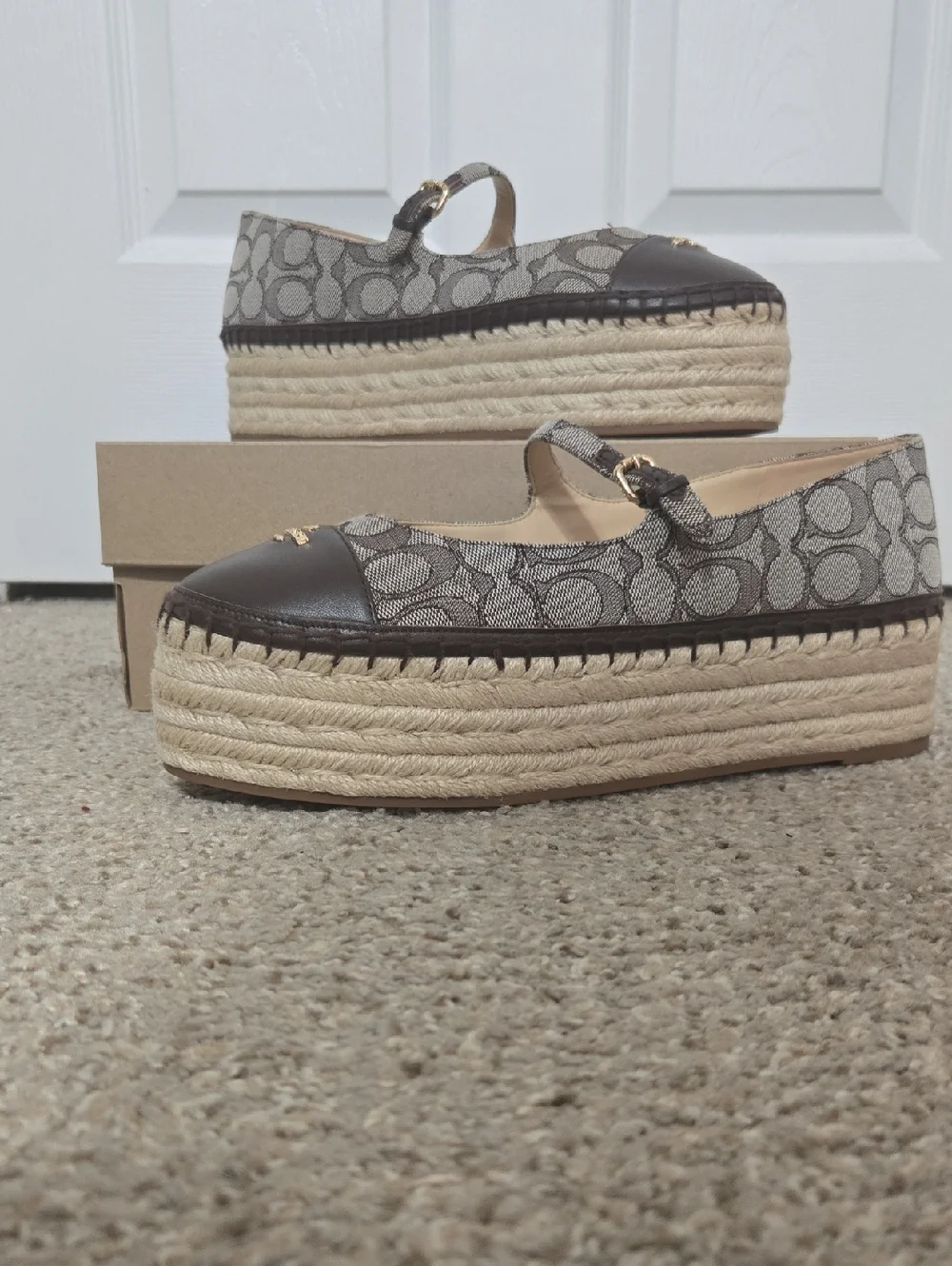 Coach Beige Brown Logo Espadrille Platform Mary Janes - Picture 1 of 1